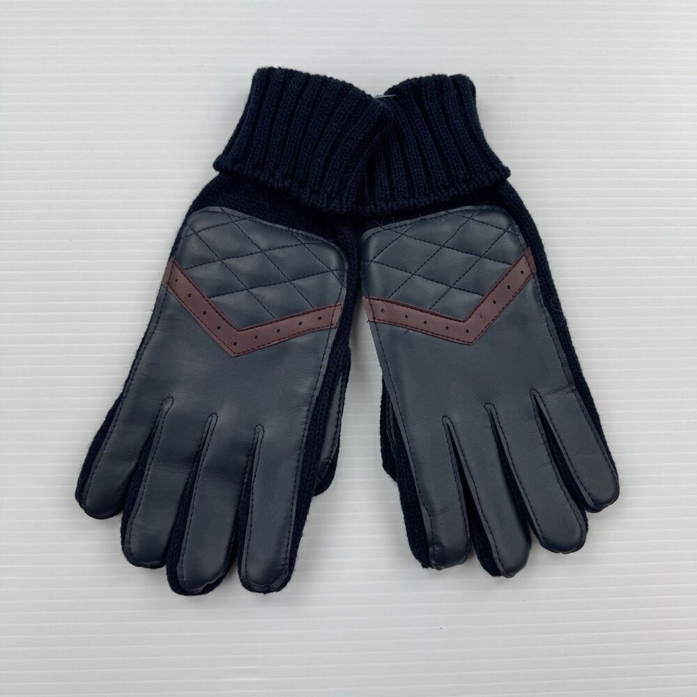 Vintage English Village Blue Acrylic Winter Gloves Quilted Faux Leather Retro